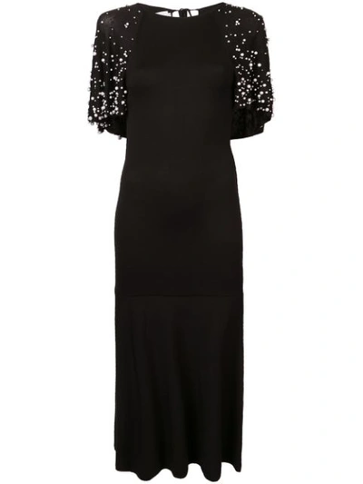 Oscar De La Renta Cape-effect Faux Pearl Embellished Wool Dress In Black