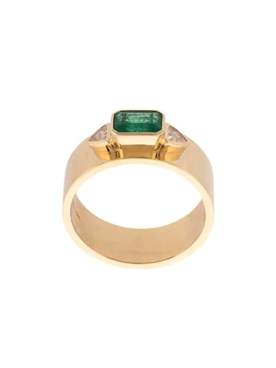 Azlee 18kt Yellow Gold, Emerald And White Trilliondiamonds Ring In Yellow Gold / Emerald