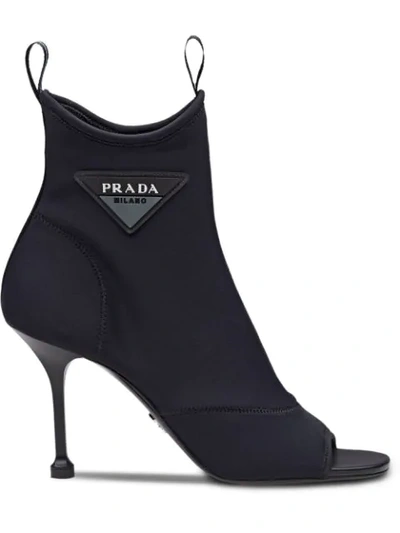 Prada 90mm Neoprene Open Toe Ankle Boots In Black