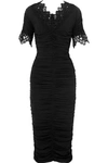 DOLCE & GABBANA CROCHETED LACE-TRIMMED RUCHED SILK-BLEND GEORGETTE DRESS