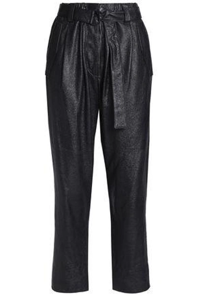 Brunello Cucinelli Woman Cropped Belted Textured-leather Straight-leg Trousers Black