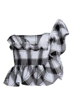 W118 BY WALTER BAKER W118 BY WALTER BAKER WOMAN MARGARET ONE-SHOULDER RUFFLED CHECKED COTTON TOP LIGHT GRAY,3074457345619351186