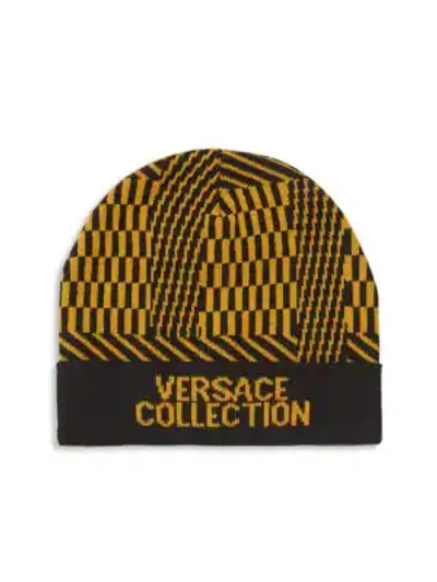 Versace Intarsia Beanie In Black Yellow