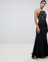 JARLO LACE TOP OPEN BACK FISHTAIL MAXI DRESS IN BLACK,M1085