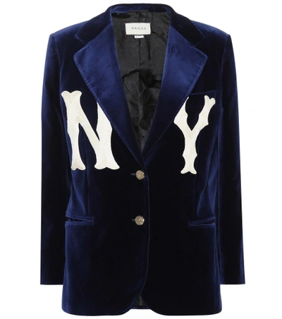 Gucci Two-button Soft Cotton Velvet Jacket W/ Ny Yankees Mlb Patch In Blue