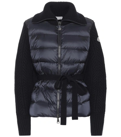 Moncler Quilted Down Front Belted Wool & Cashmere Cardigan In Blue