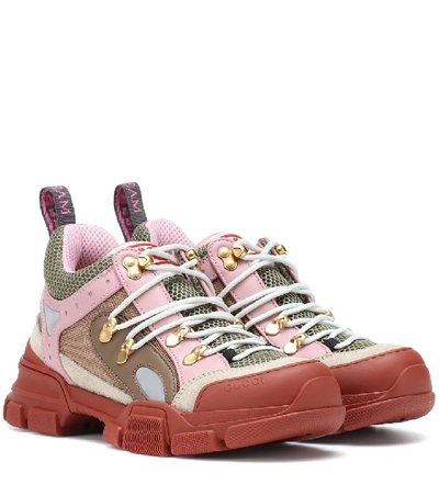 Gucci Flashtrek Logo-embossed Leather, Suede And Mesh Sneakers In Bordeaux, Khaki, Light Grey, Pale Pink
