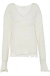 HELMUT LANG HELMUT LANG WOMAN DISTRESSED RIBBED COTTON AND WOOL-BLEND SWEATER OFF-WHITE,3074457345619529772
