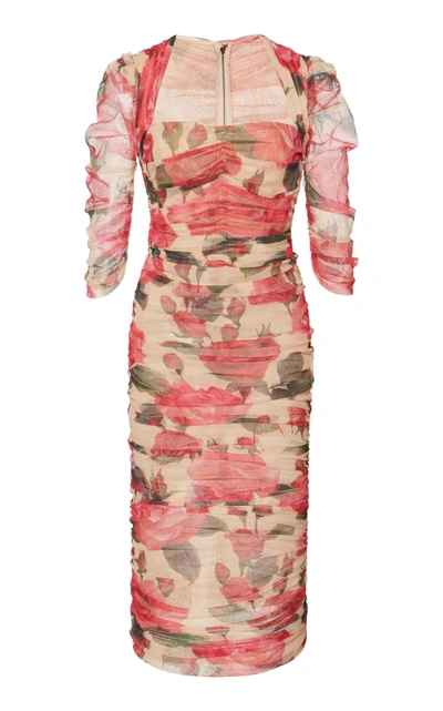Dolce & Gabbana Ruched Floral-print Cotton-tulle Midi Dress