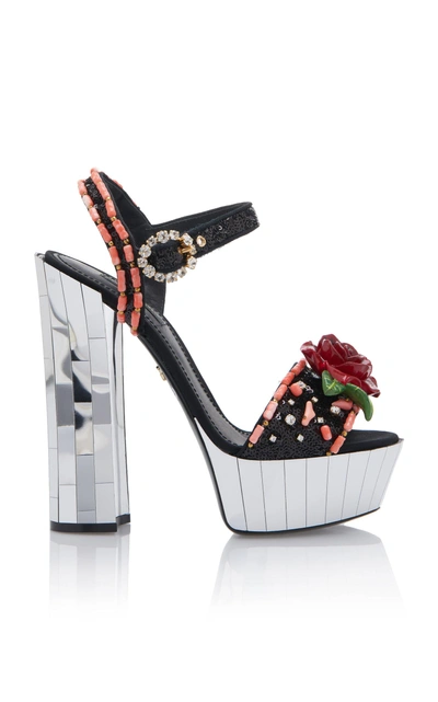 Dolce & Gabbana Floral Embellished Canvas Platform Sandals In Black