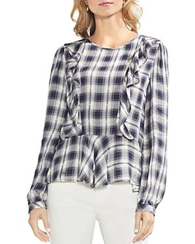 Vince Camuto Plaid Jacquard Ruffle Top In Classic Navy