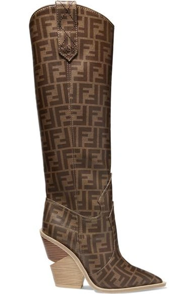 Fendi Logo-print Coated-canvas Knee Boots In Brown