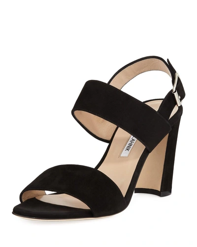 Manolo Blahnik Khan 70 Suede Block Heel Slingback Sandals In Black