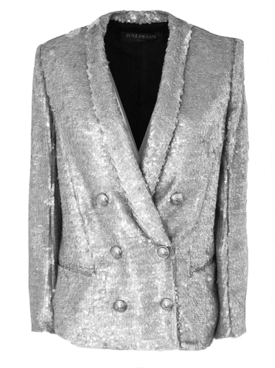 Balmain Double-breasted Oversize Silver Sequined Blazer. In Argento