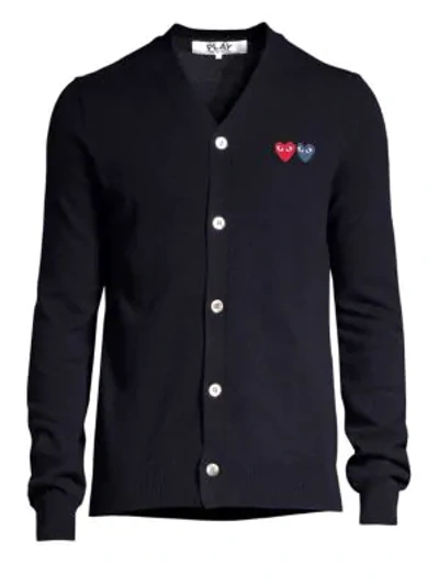 Comme Des Garçons Play Dual Signature Logo Patch Wool Cardigan In Navy