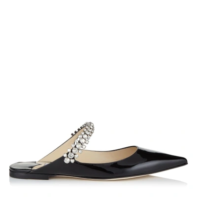 JIMMY CHOO BING FLAT Black Patent Leather Mules with Crystal Strap,BINGFLATPAT