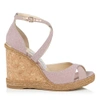 JIMMY CHOO ALANAH 105 Ballet Pink Fine Glitter Fabric Wedges with Braid Trim Wedge,ALANAH105GFW S