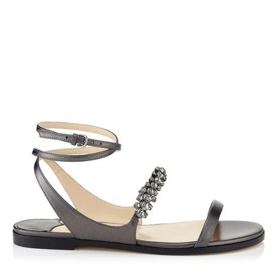 Jimmy Choo Abira Flat Anthracite Metallic Nappa Leather Sandal With Crystal Detailing