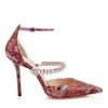 JIMMY CHOO BOBBIE 100 Rosewood Mix Painterly Brocade Pointy Toe Pumps with Crystal Strap,BOBBIE100TRL