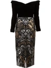 Marchesa Notte Off-the-shoulder Velvet-paneled Sequined Tulle Midi Dress In Black