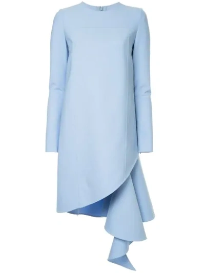 Oscar De La Renta Asymmetrical Ruffle Hem Stretch Wool Dress In Blue