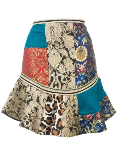 Alice And Olivia Eriko Patchwork Curved Hem Skirt In Multicolour