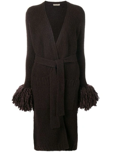Bottega Veneta Open-front Wool-blend Knit Cardigan W/ Pompom Cuffs In Brown