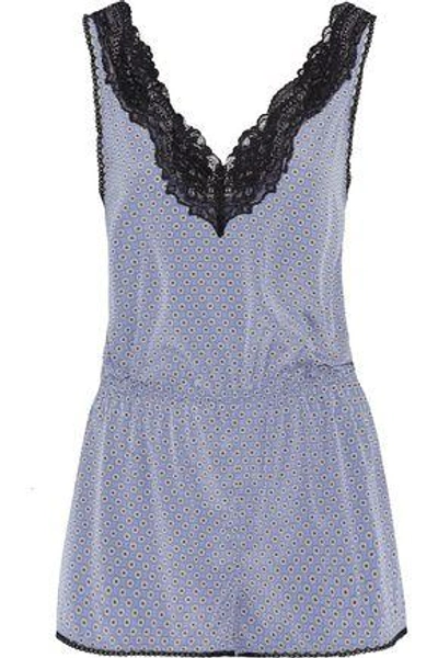 Stella Mccartney Lace-trimmed Printed Stretch-silk Playsuit In Light Blue
