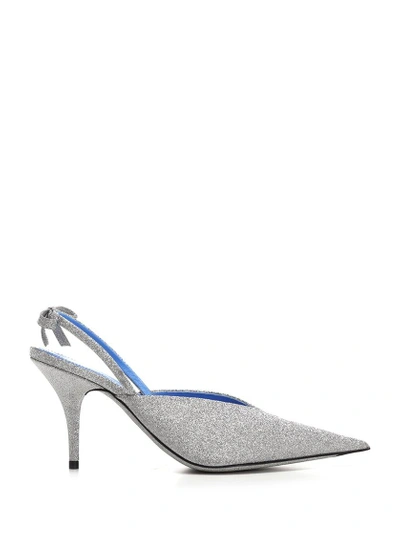 Balenciaga Leather Glitter Slingback Heels In Silver