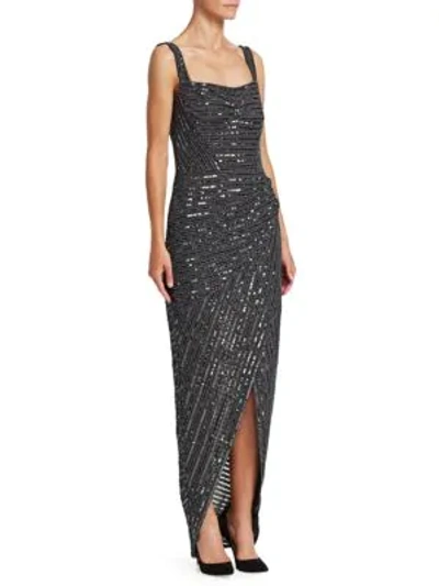Rachel Gilbert Square-neck Sleeveless Sequin Wrap-skirt Evening Gown In Metallic