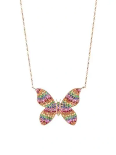 Sydney Evan Large 14k Yellow Gold & Rainbow Diamond Butterfly Pendant Necklace In Multi