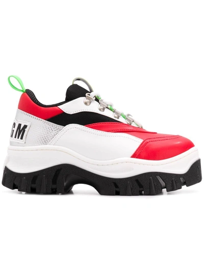 Msgm 40mm Faux Leather & Mesh Trainers In Red+neon Green