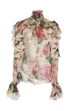 DOLCE & GABBANA RUFFLED LACE-TRIMMED FLORAL SILK-GEORGETTE BLOUSE,681930