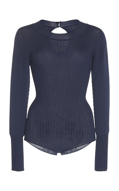 Jacquemus Stephanie Long-sleeve Ribbed-knit Bodysuit In Navy