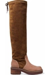 SEE BY CHLOÉ SEE BY CHLOÉ WOMAN LEATHER-PANELED SUEDE OVER-THE-KNEE BOOTS LIGHT BROWN,3074457345619061334