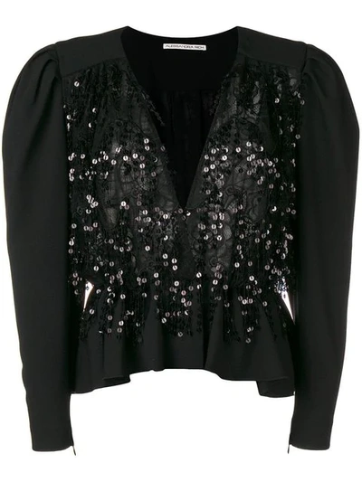 Alessandra Rich Wool Crepe Embellished Lace Top In Black