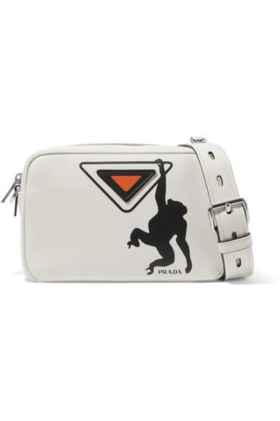 Prada White Monkey Logo Print Leather Shoulder Bag
