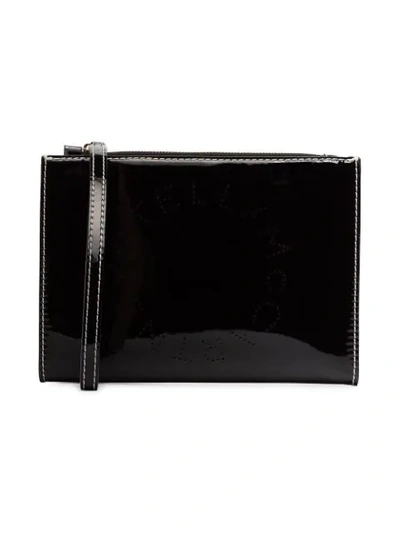 Stella Mccartney Black Logo Print Faux Leather Zip Clutch Bag In 1000 Black