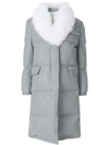 THOM BROWNE FLANNEL DOWN FILLED CHESTERFIELD DRESS WITH FOX FUR TRIM