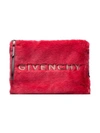 GIVENCHY RED AND WHITE LOGO EMBROIDERED FAUX FUR POUCH