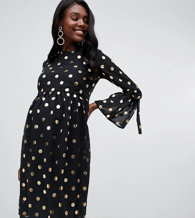 Queen Bee Skater Dress With Fluted Sleeve In Gold Polka Dot-multi