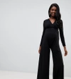 QUEEN BEE MATERNITY SLINKY KNOT FRONT WIDE LEG JUMPSUIT-BLACK,TBC