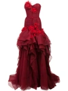 Marchesa Strapless Tulle Drop Waist Gown In Red