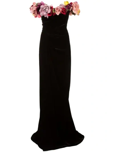 Marchesa Off-the-shoulder 3-d Flower Corsage Velvet Column Evening Gown, Black