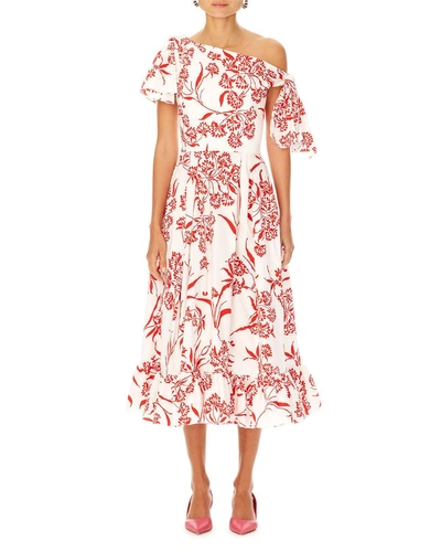 Carolina Herrera Knotted Asymmetric Printed Stretch-cotton Poplin Midi Dress In Floral