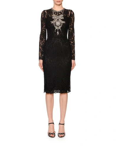 Dolce & Gabbana Long-sleeve Crystal-necklace Cordonetto Lace Dress In Black