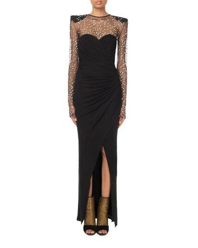 Balmain Long-sleeve Embellished-tulle Illusion Gown In Noir & Crystal