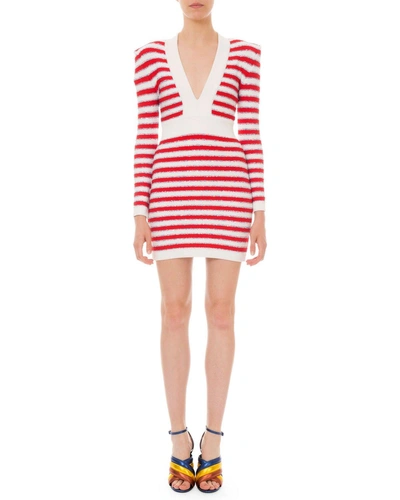 Balmain Long-sleeve Shimmer Striped Body-con Dress In White & Red & Blue