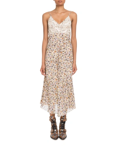 Chloé Scalloped Lace-trimmed Floral-print Crepe Dress In Multicolor Brown