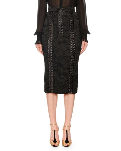 Dolce & Gabbana Lace-up Satin-trimmed Lace Pencil Skirt In Black